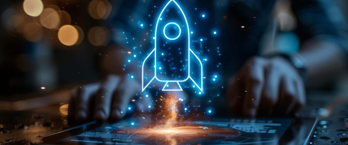 A male entrepreneur uses a futuristic digital tablet, projecting a vibrant 3D rocket hologram, symbolizing innovation and startup growth. The image captures a modern business setting with a focus on advanced technology and entrepreneurship in a visually engaging way.